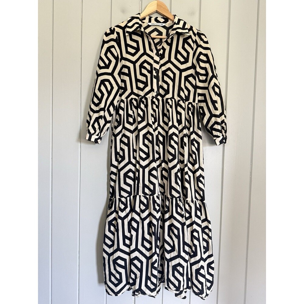 Zara Midi Dress XS Ecru Black Geometric Print Karen Tiered Cotton 3/4 Sleeve